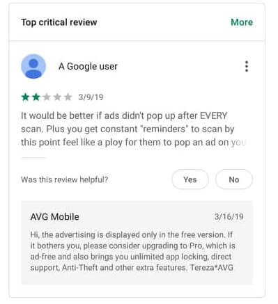 Google Play Review for AVG AntiVirus for Android