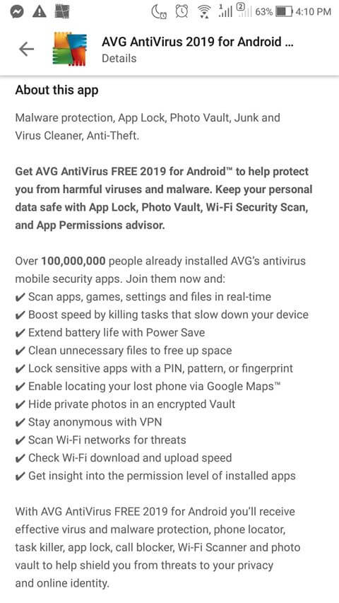 The list of features promised by the AVG AntiVirus for Android App